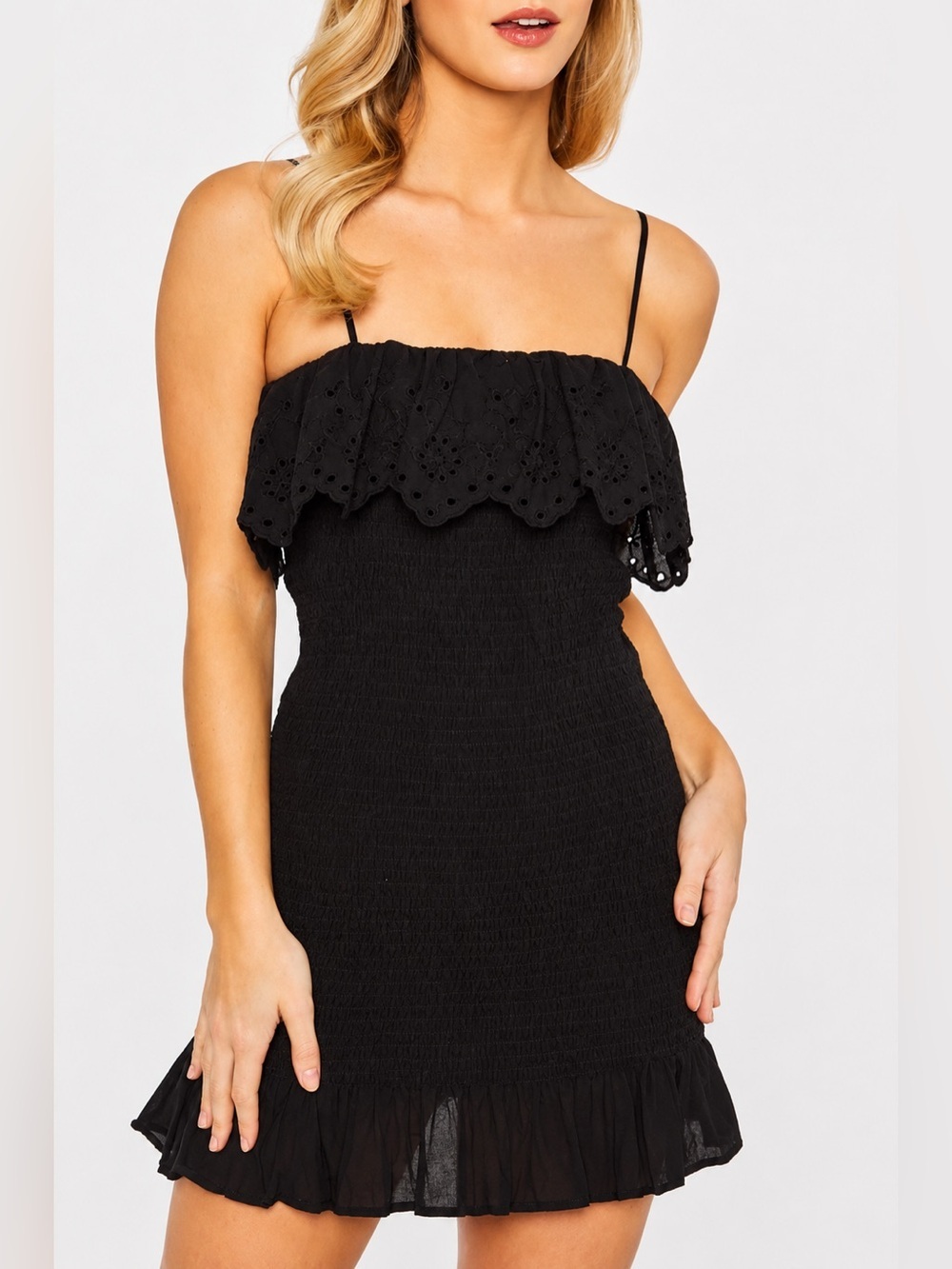 Zara black eyelet smocked mini dress, small